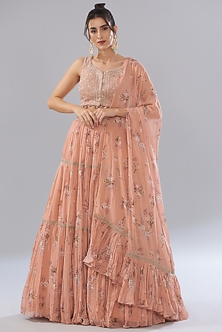 Peach Georgette Printed Lehenga Set by Sana Barreja
