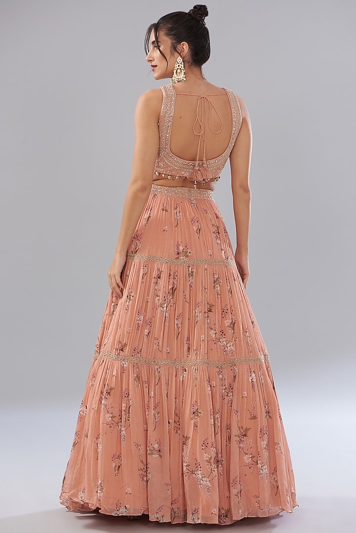 Peach Georgette Printed Wedding Lehenga Set by Sana Barreja at Pernia's Pop Up Shop