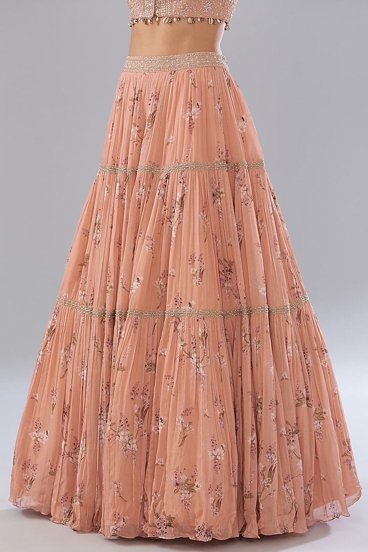Peach Georgette Printed Wedding Lehenga Set by Sana Barreja at Pernia's Pop Up Shop