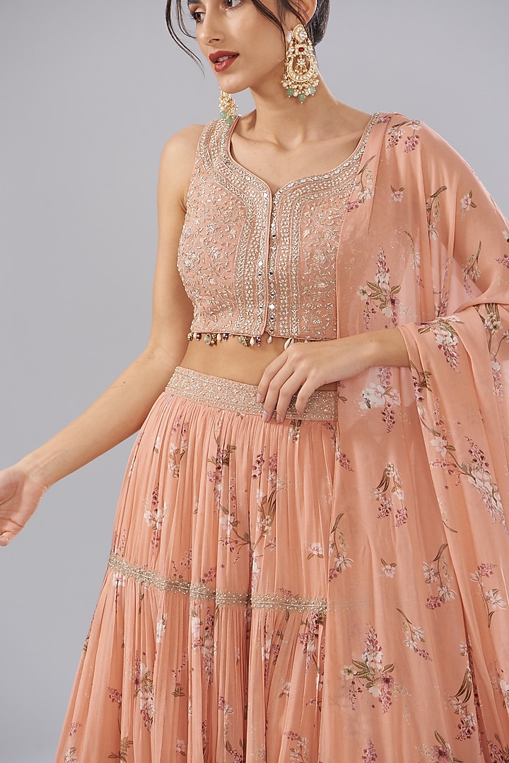 Peach Georgette Printed Wedding Lehenga Set by Sana Barreja at Pernia's Pop Up Shop