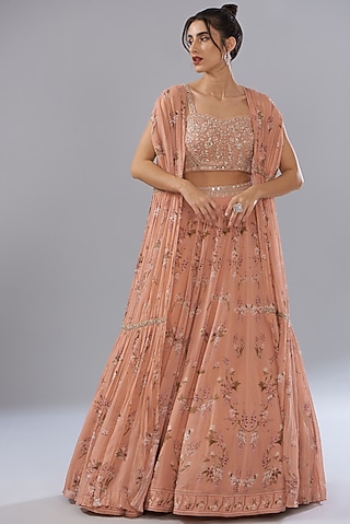 Peach Georgette Printed Skirt Set by Sana Barreja