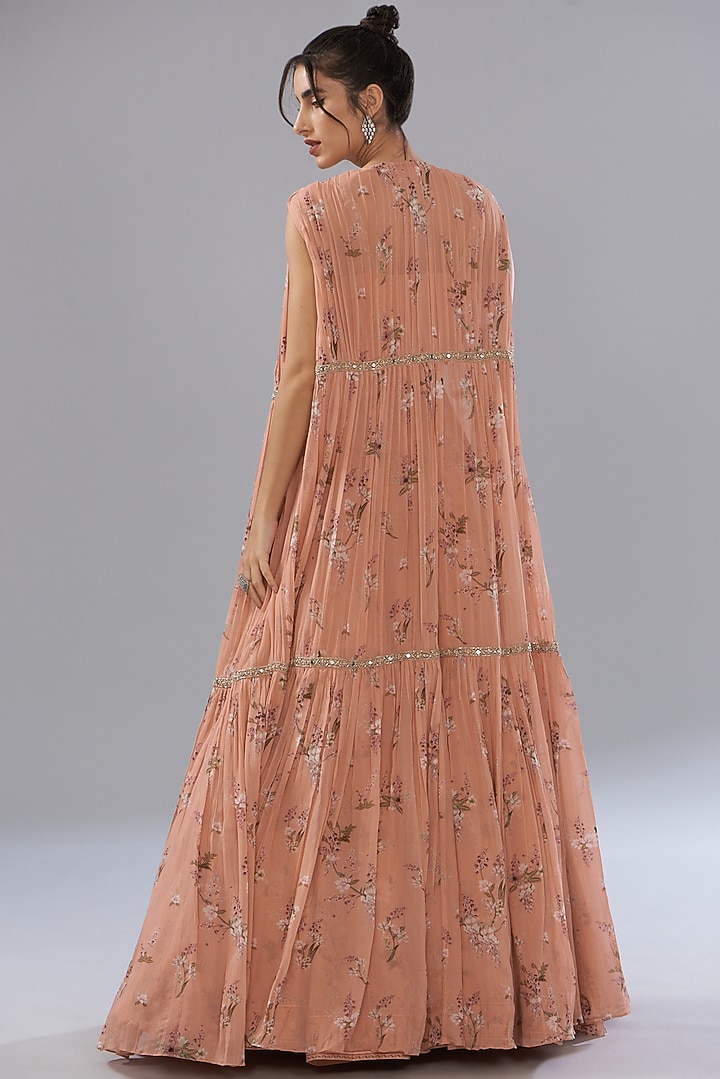 Peach Georgette Printed Skirt Set by Sana Barreja at Pernia's Pop Up Shop