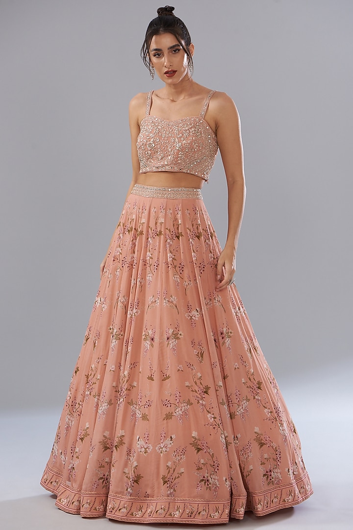Peach Georgette Printed Skirt Set by Sana Barreja at Pernia's Pop Up Shop