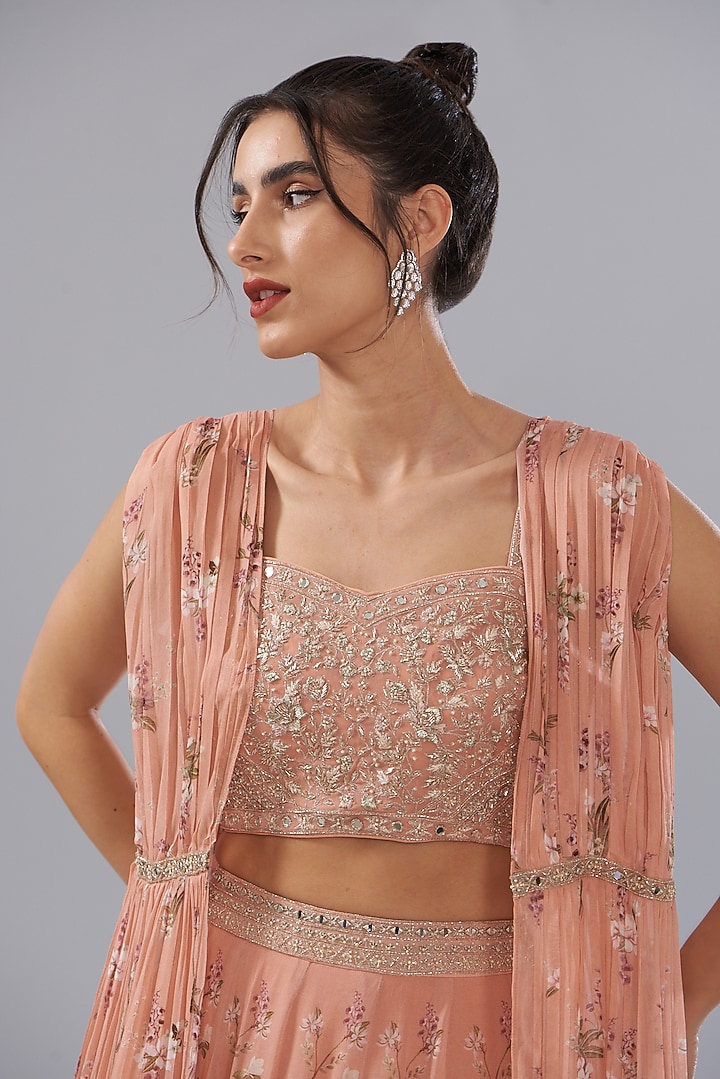Peach Georgette Printed Skirt Set by Sana Barreja at Pernia's Pop Up Shop