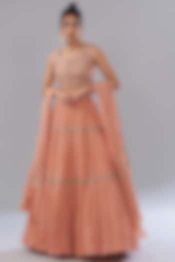 Peach Georgette Tiered Wedding Lehenga Set by Sana Barreja at Pernia's Pop Up Shop