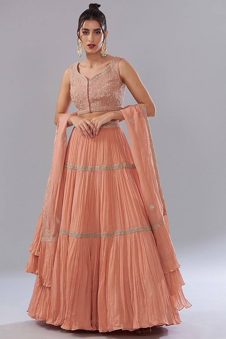Peach Georgette Tiered Wedding Lehenga Set by Sana Barreja at Pernia's Pop Up Shop