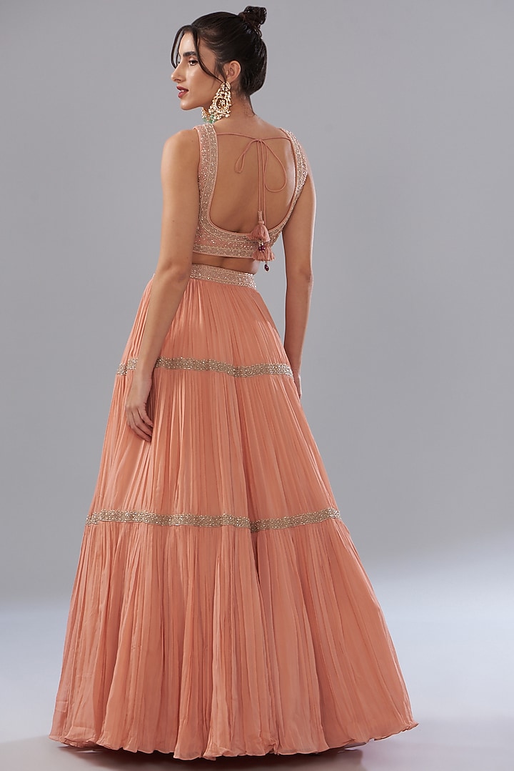 Peach Georgette Tiered Wedding Lehenga Set by Sana Barreja at Pernia's Pop Up Shop