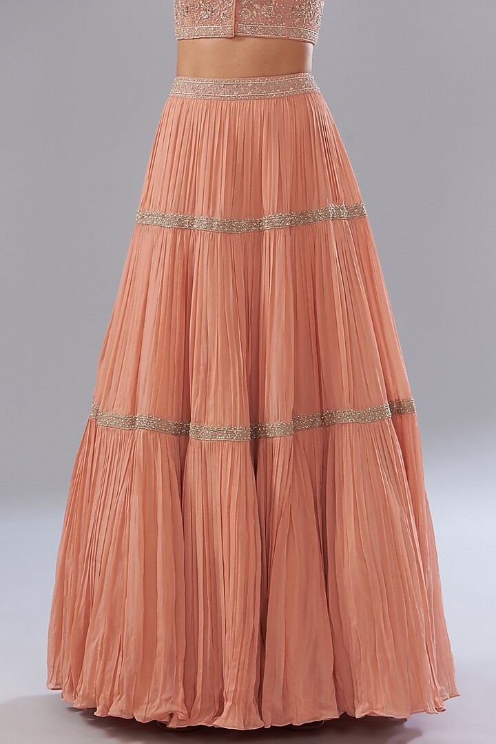 Peach Georgette Tiered Wedding Lehenga Set by Sana Barreja at Pernia's Pop Up Shop