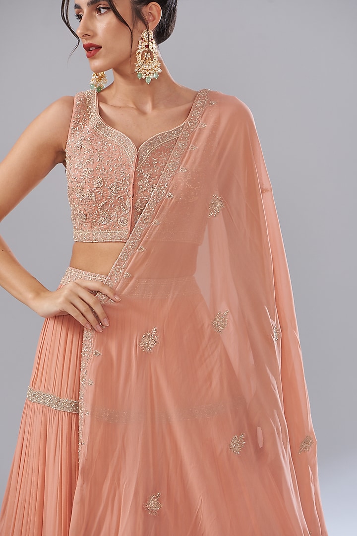 Peach Georgette Tiered Wedding Lehenga Set by Sana Barreja at Pernia's Pop Up Shop