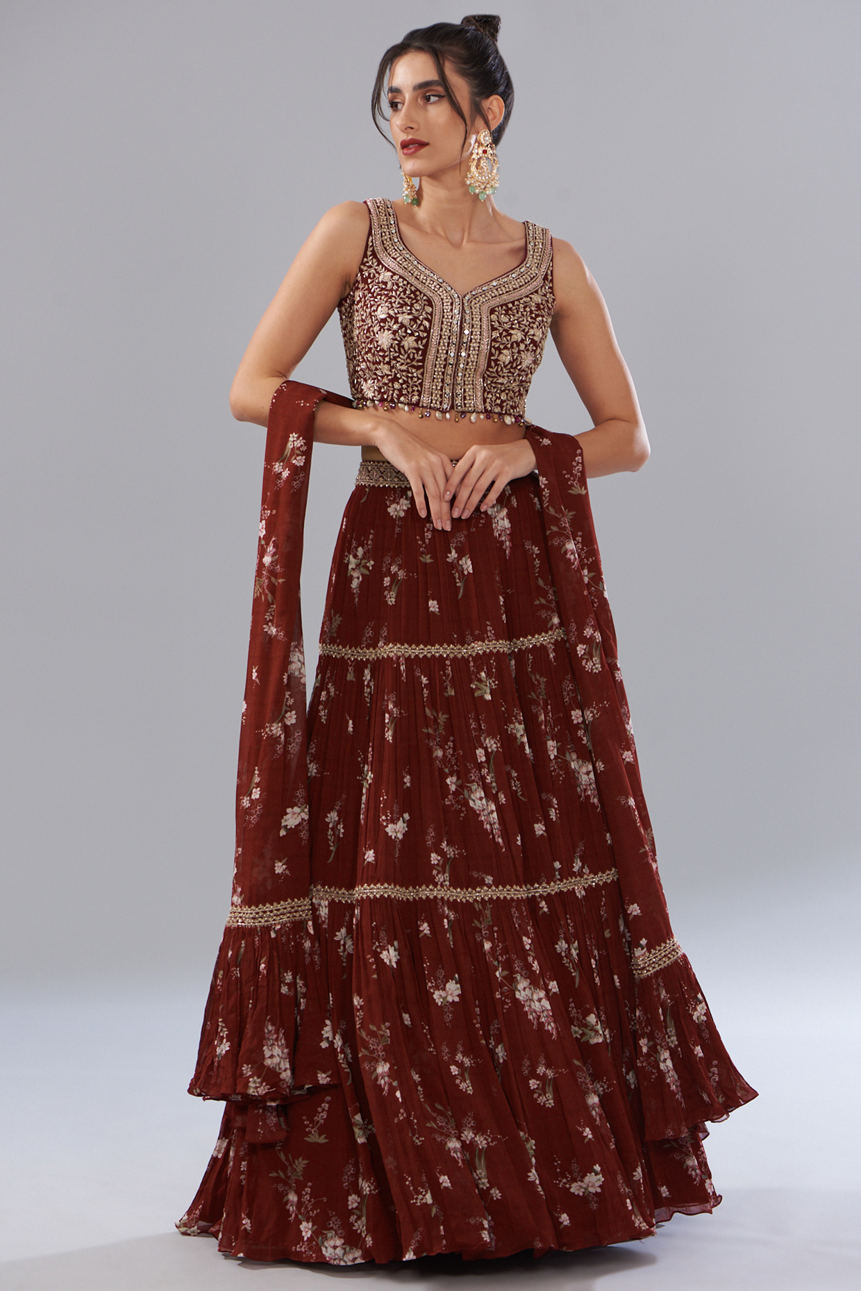 Red Georgette Printed Wedding Lehenga Set by Sana Barreja at Pernia's Pop Up Shop
