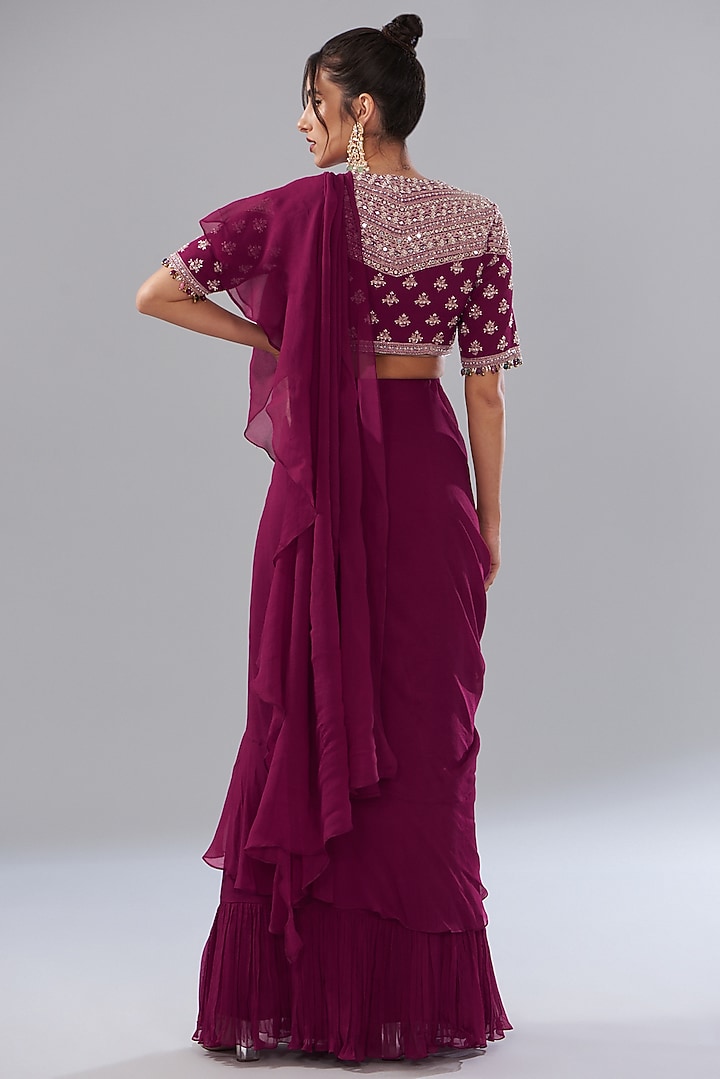 Fuchsia Pure Silk Chiffon Pre-Stitched Wedding Saree Set by Sana Barreja at Pernia's Pop Up Shop