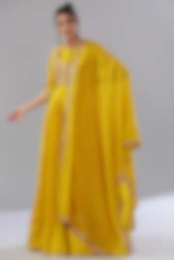 Yellow Pure Chanderi Silk Embroidered Anarkali Set by Sana Barreja