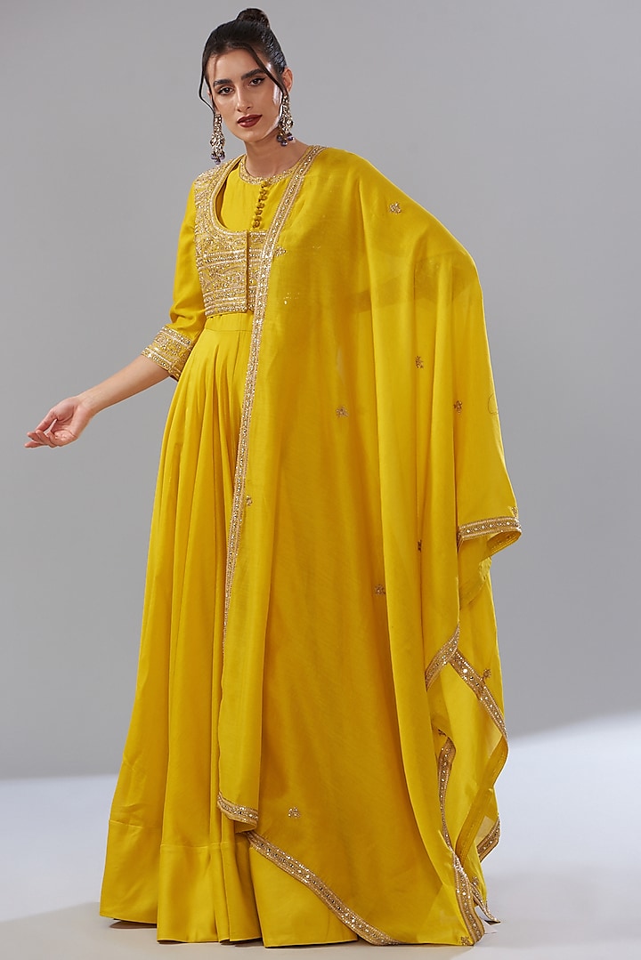 Yellow Pure Chanderi Silk Embroidered Anarkali Set by Sana Barreja