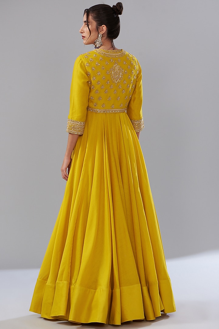 Yellow Pure Chanderi Silk Embroidered Wedding Anarkali Set by Sana Barreja at Pernia's Pop Up Shop