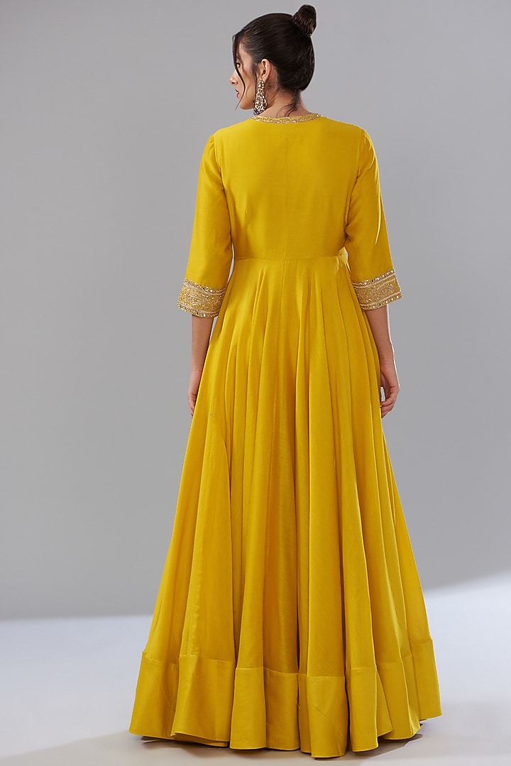 Yellow Pure Chanderi Silk Embroidered Wedding Anarkali Set by Sana Barreja at Pernia's Pop Up Shop