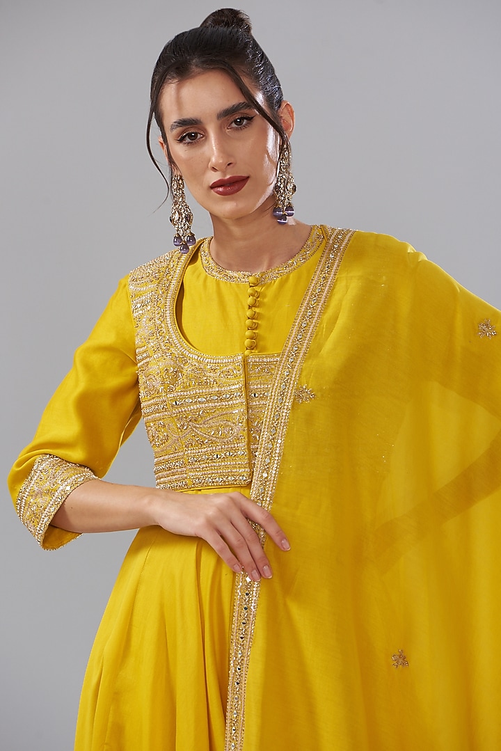 Yellow Pure Chanderi Silk Embroidered Wedding Anarkali Set by Sana Barreja at Pernia's Pop Up Shop