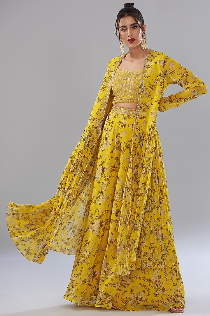 Yellow Georgette Paisley Printed Wedding Sharara Set by Sana Barreja at Pernia's Pop Up Shop