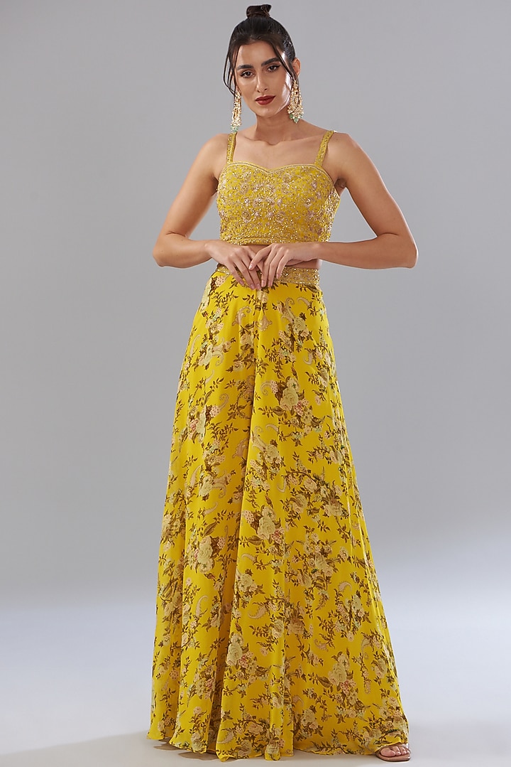Yellow Georgette Paisley Printed Wedding Sharara Set by Sana Barreja at Pernia's Pop Up Shop