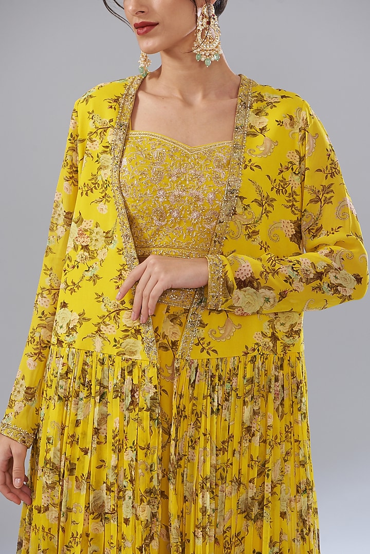 Yellow Georgette Paisley Printed Wedding Sharara Set by Sana Barreja at Pernia's Pop Up Shop