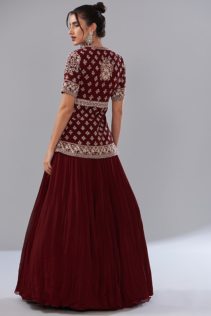 Red Georgette Embroidered Jacket Wedding Lehenga Set by Sana Barreja at Pernia's Pop Up Shop