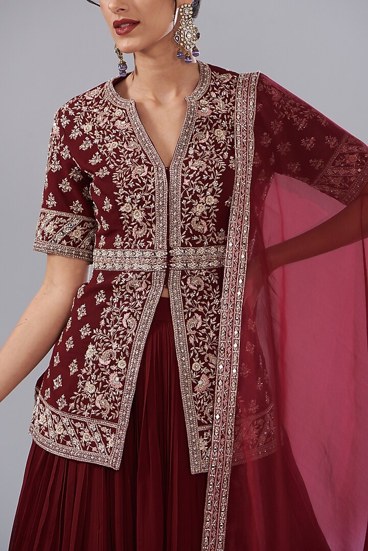 Red Georgette Embroidered Jacket Wedding Lehenga Set by Sana Barreja at Pernia's Pop Up Shop