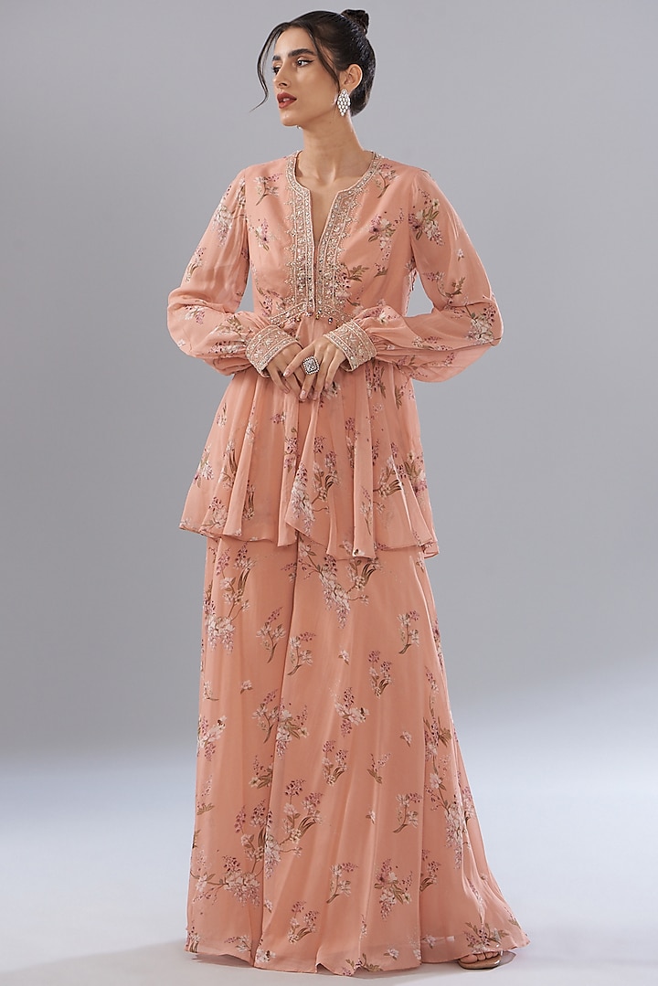 Peach Georgette Printed Sharara Set by Sana Barreja at Pernia's Pop Up Shop