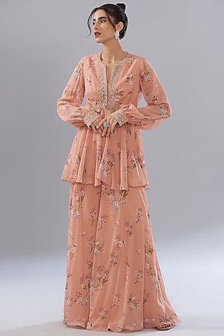 Peach Georgette Printed Sharara Set by Sana Barreja