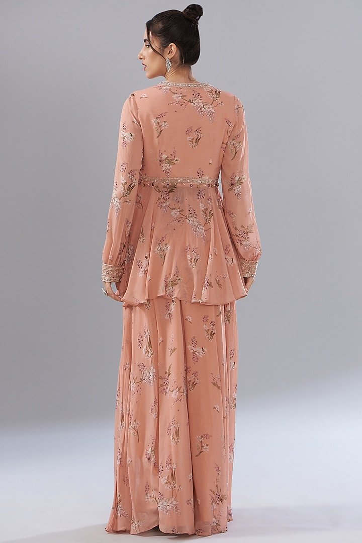 Peach Georgette Printed Party Wear Sharara Set by Sana Barreja at Pernia's Pop Up Shop