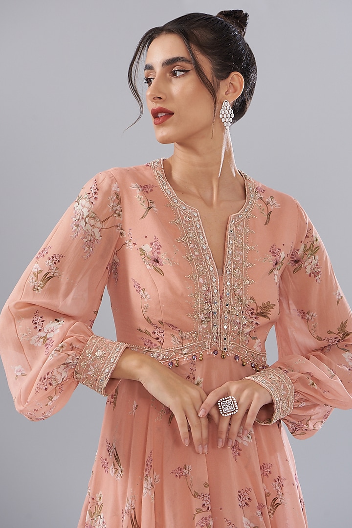 Peach Georgette Printed Party Wear Sharara Set by Sana Barreja at Pernia's Pop Up Shop