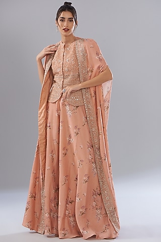 Peach Georgette Printed & Embroidered Cape Set by Sana Barreja