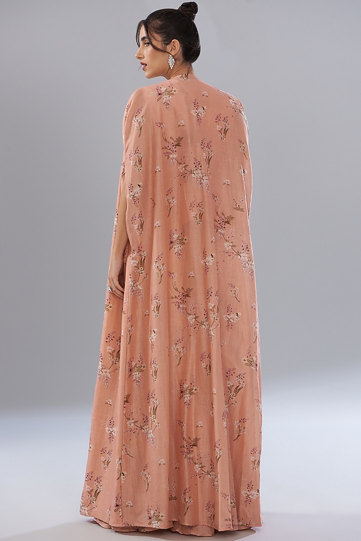 Peach Georgette Printed & Embroidered Cape Set by Sana Barreja at Pernia's Pop Up Shop