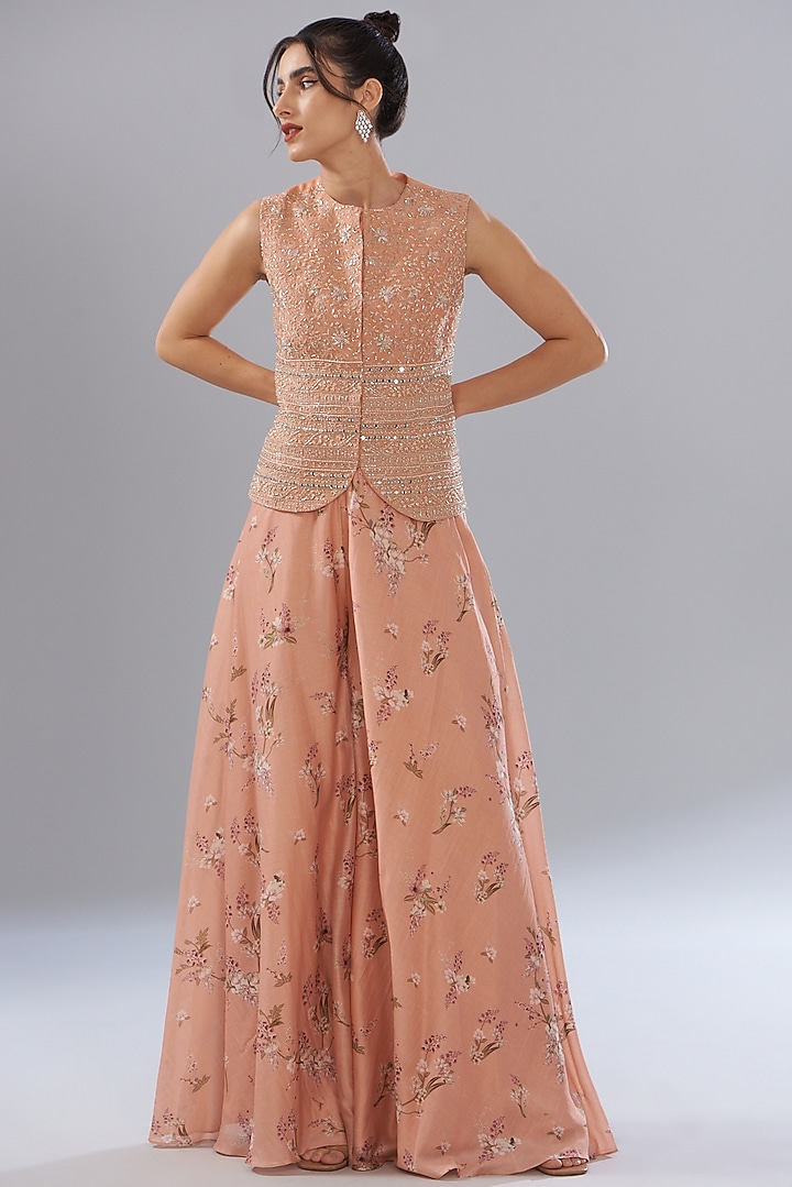 Peach Georgette Printed & Embroidered Cape Set by Sana Barreja at Pernia's Pop Up Shop