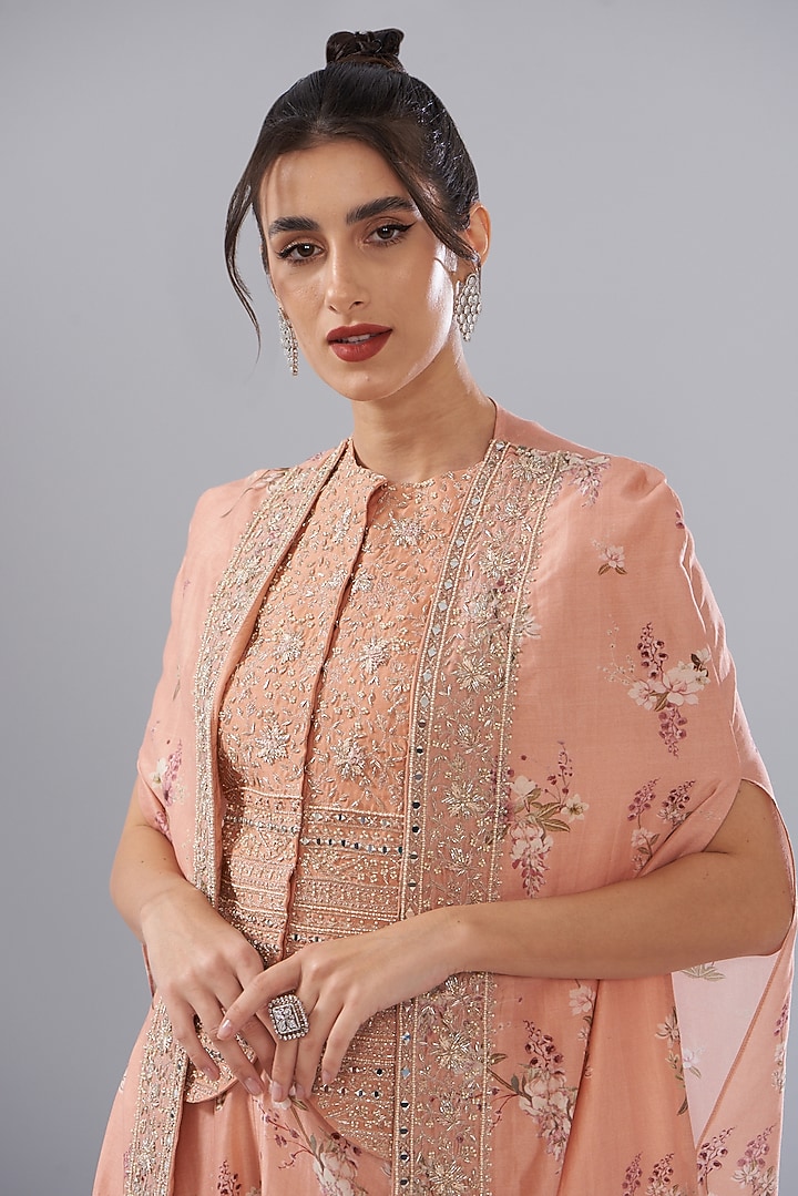 Peach Georgette Printed & Embroidered Cape Set by Sana Barreja at Pernia's Pop Up Shop