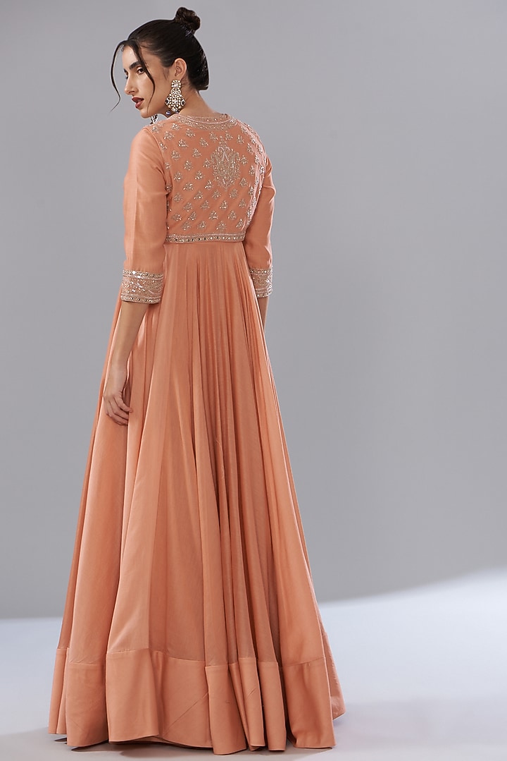 Peach Pure Chanderi Silk Embroidered Wedding Anarkali Set by Sana Barreja at Pernia's Pop Up Shop