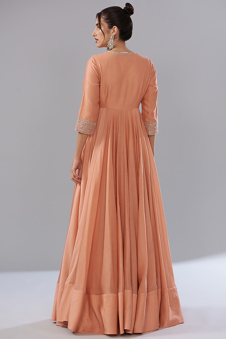 Peach Pure Chanderi Silk Embroidered Wedding Anarkali Set by Sana Barreja at Pernia's Pop Up Shop
