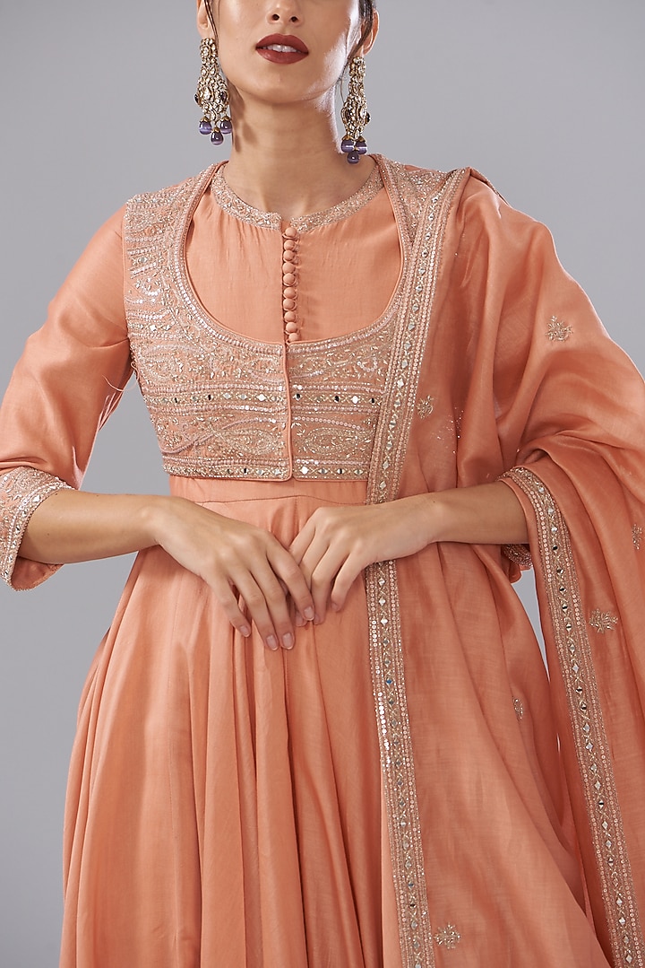 Peach Pure Chanderi Silk Embroidered Wedding Anarkali Set by Sana Barreja at Pernia's Pop Up Shop