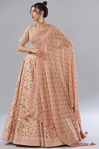 Peach Pure Chanderi Silk Printed Lehenga Set by Sana Barreja