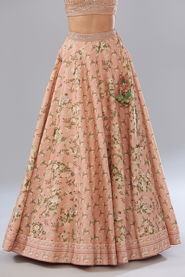 Peach Pure Chanderi Silk Printed Wedding Lehenga Set by Sana Barreja at Pernia's Pop Up Shop