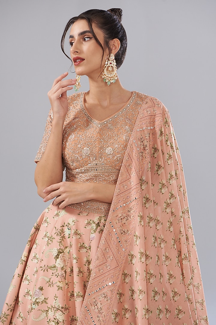 Peach Pure Chanderi Silk Printed Wedding Lehenga Set by Sana Barreja at Pernia's Pop Up Shop