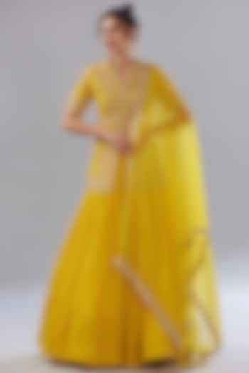 Yellow Georgette Embroidered Jacket Wedding Lehenga Set by Sana Barreja at Pernia's Pop Up Shop