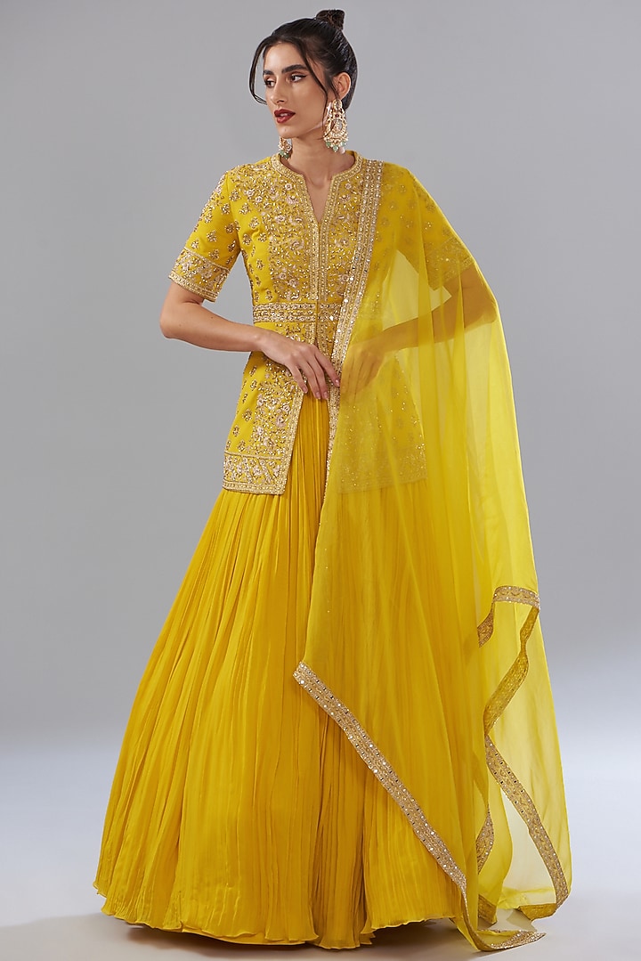 Yellow Georgette Embroidered Jacket Wedding Lehenga Set by Sana Barreja at Pernia's Pop Up Shop