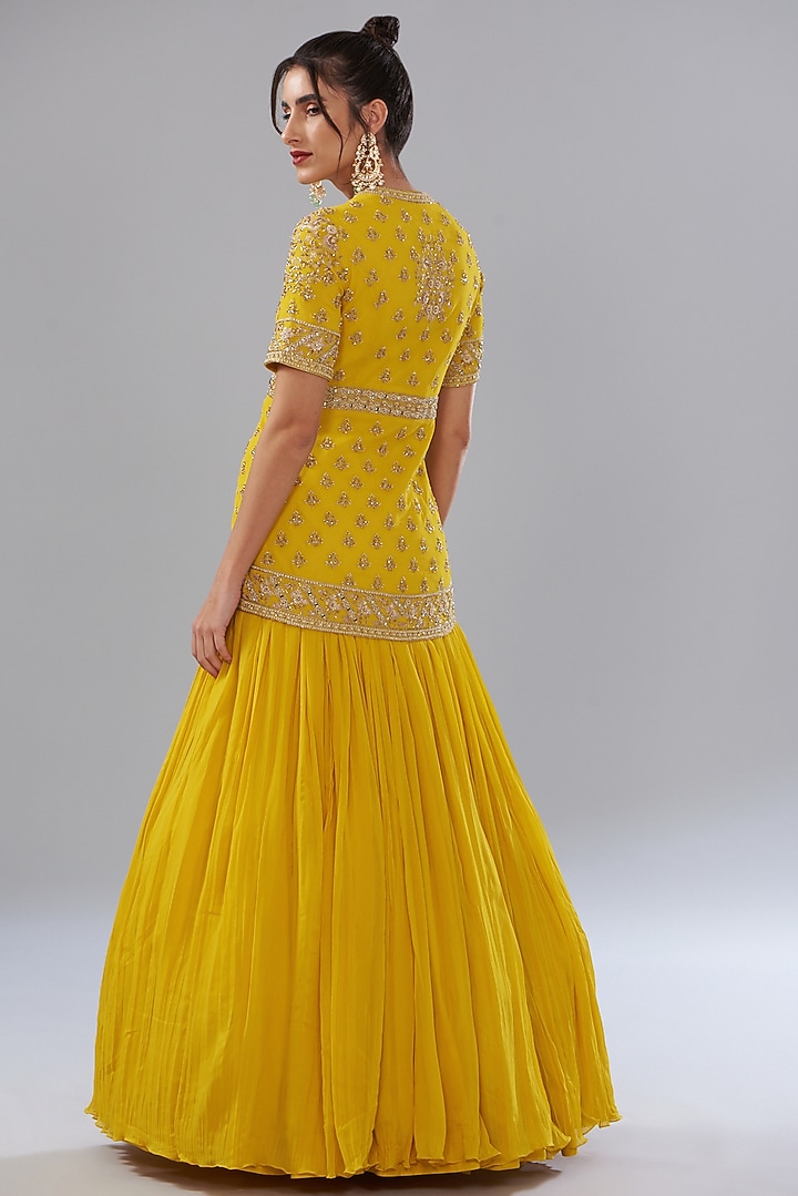 Yellow Georgette Embroidered Jacket Wedding Lehenga Set by Sana Barreja at Pernia's Pop Up Shop