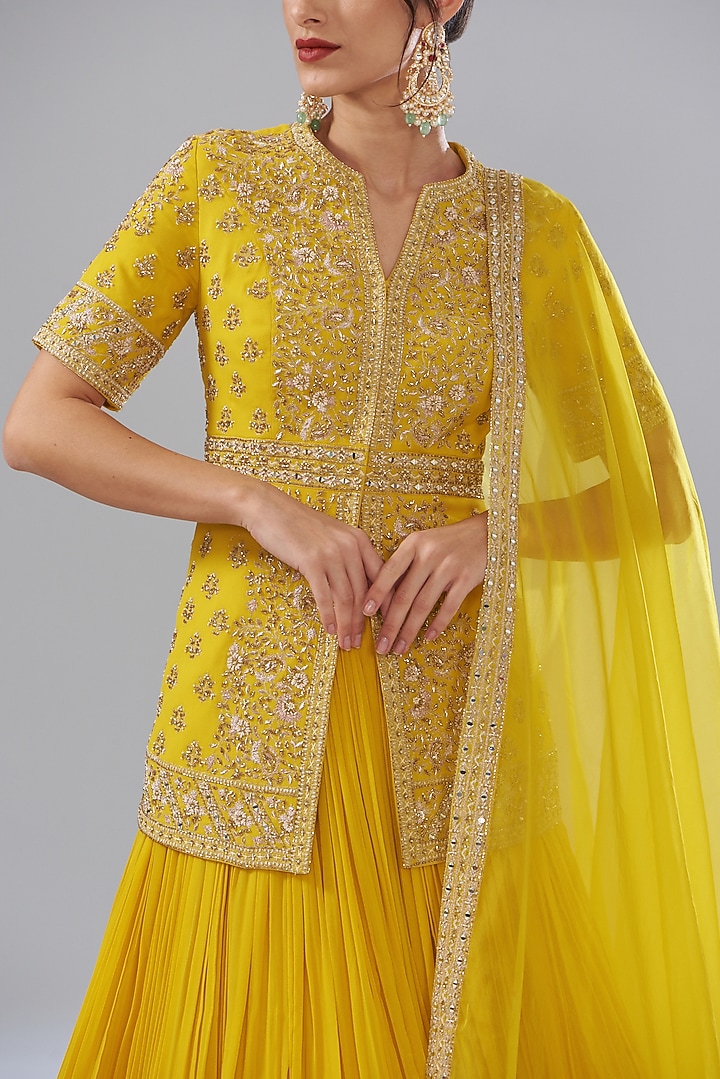 Yellow Georgette Embroidered Jacket Wedding Lehenga Set by Sana Barreja at Pernia's Pop Up Shop