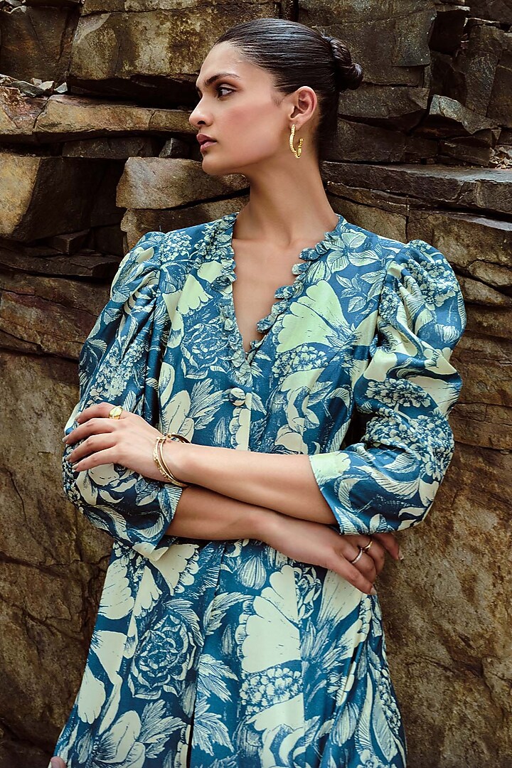 Teal Bemberg Silk Printed & Embellished Jacket Set by Sana Barreja at Pernia's Pop Up Shop
