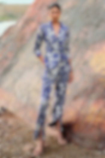 Indigo Blue Georgette Embellished Crosshatch Jacket Set by Sana Barreja at Pernia's Pop Up Shop