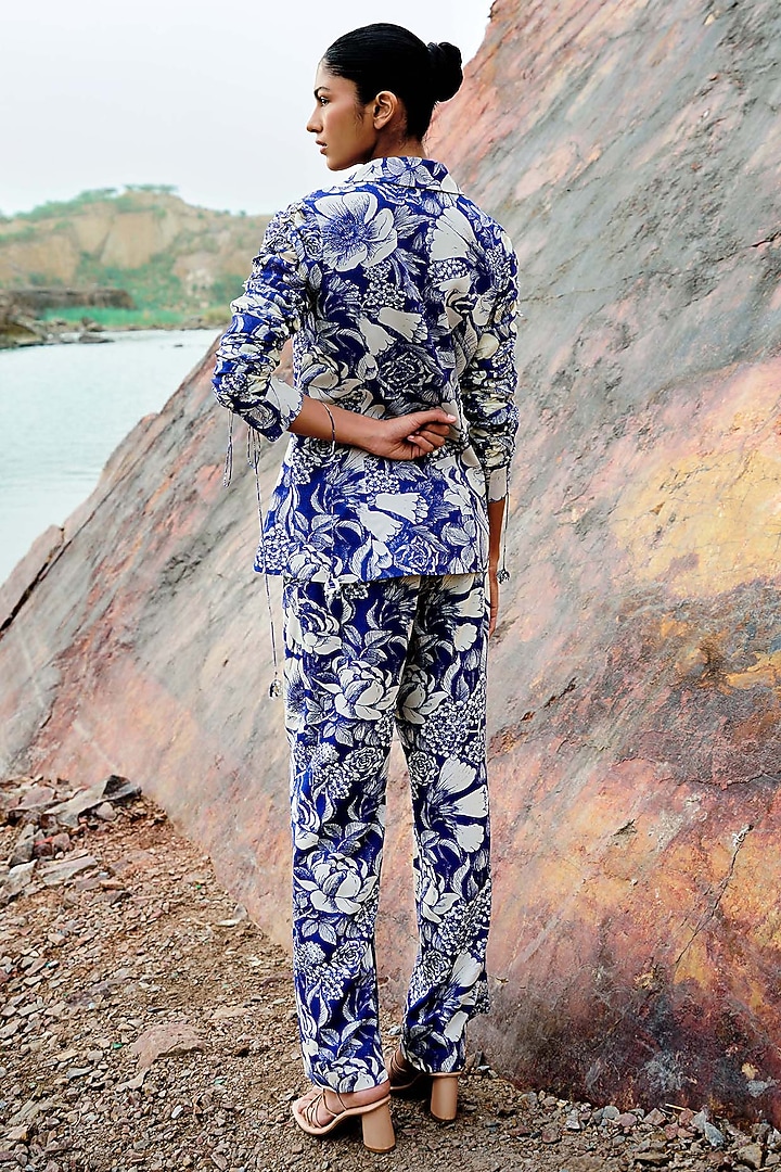 Indigo Blue Georgette Embellished Crosshatch Jacket Set by Sana Barreja at Pernia's Pop Up Shop