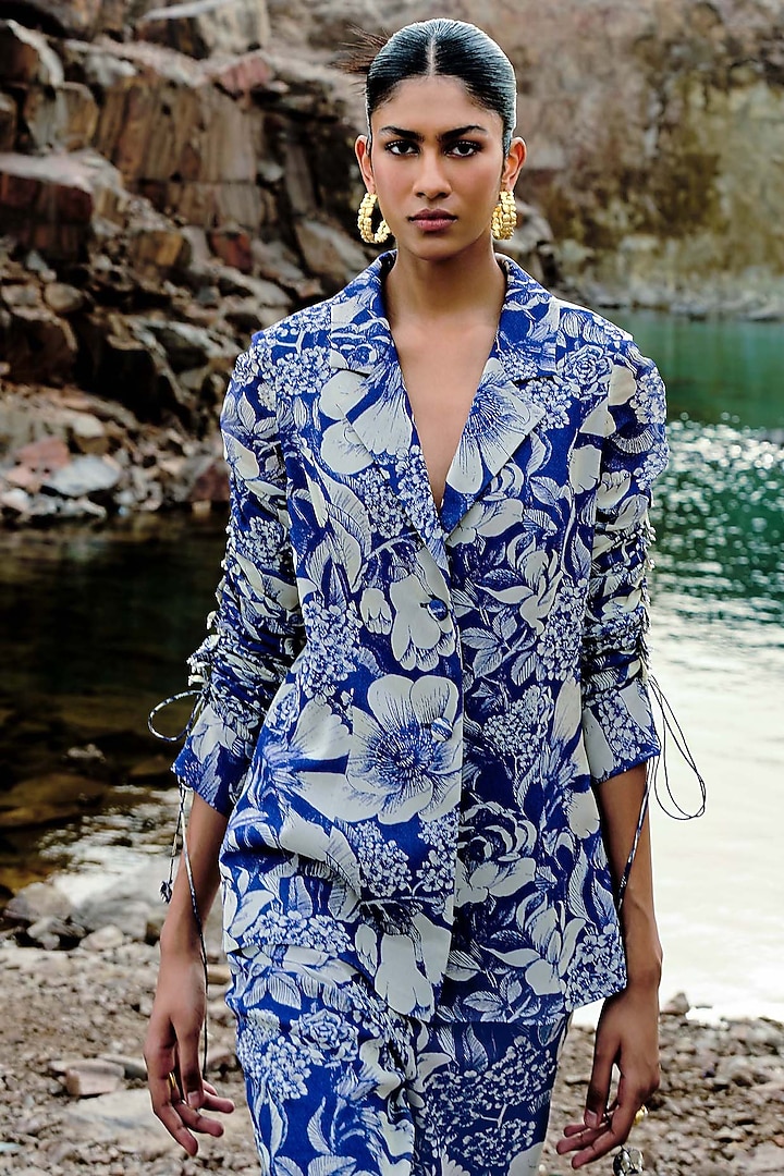 Indigo Blue Georgette Embellished Crosshatch Jacket Set by Sana Barreja at Pernia's Pop Up Shop