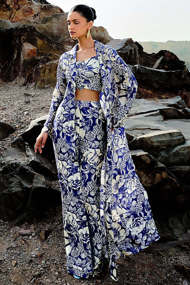 Indigo Blue Bemberg Silk Embellished Jacket Set by Sana Barreja at Pernia's Pop Up Shop