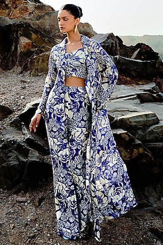 Indigo Blue Bemberg Silk Embellished Jacket Set by Sana Barreja