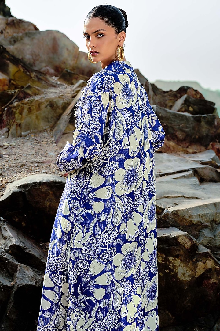 Indigo Blue Bemberg Silk Embellished Jacket Set by Sana Barreja at Pernia's Pop Up Shop